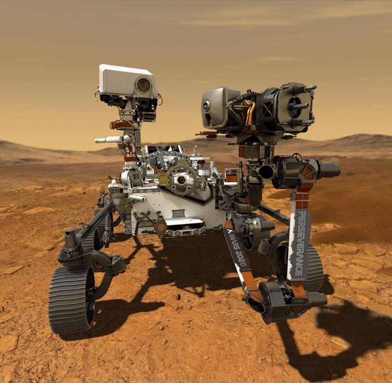 美国宇航局的“毅力”号火星车在火星表面运行